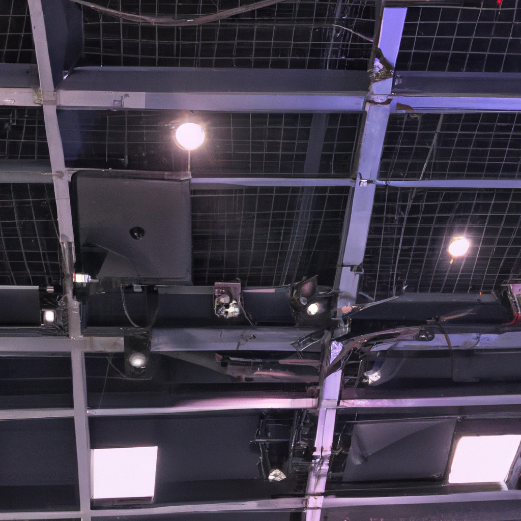 Ceiling grid with cable trays, LED panels, and safety chains in Toronto